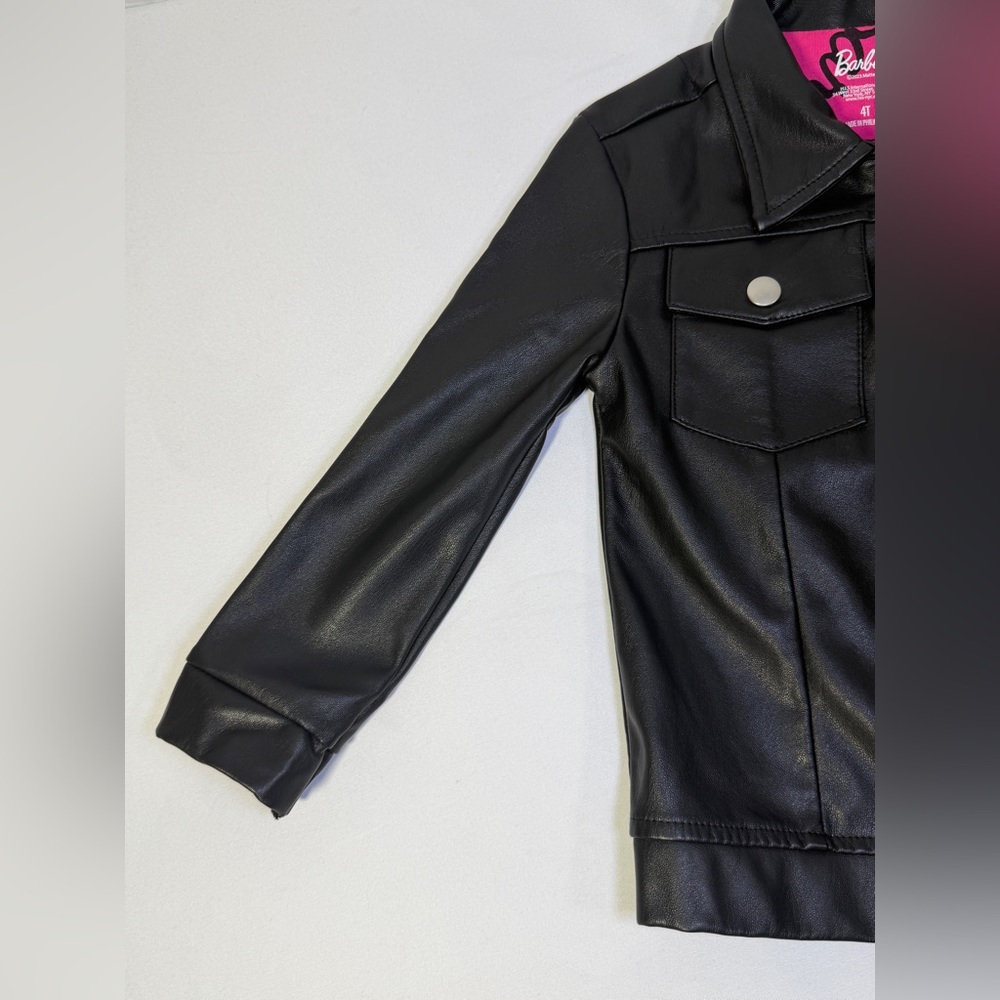 Barbie Girls Faux Leather Jacket Black Pink Logo Moto Biker Coat Size 4T - Picture 2 of 13